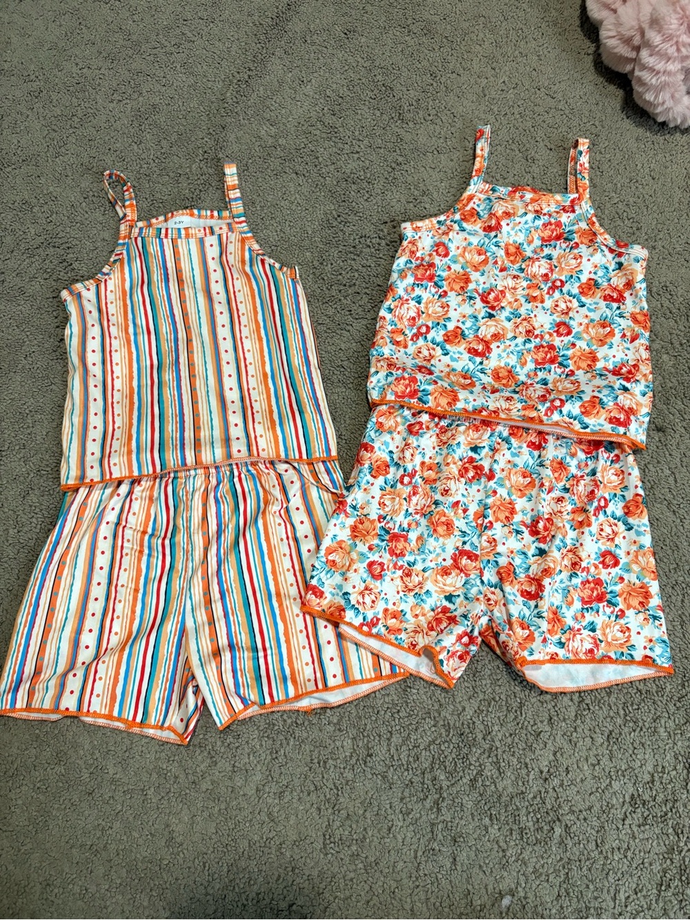 Girls Orange & Teal Summer Tank and Short Sets - Floral + Stripe